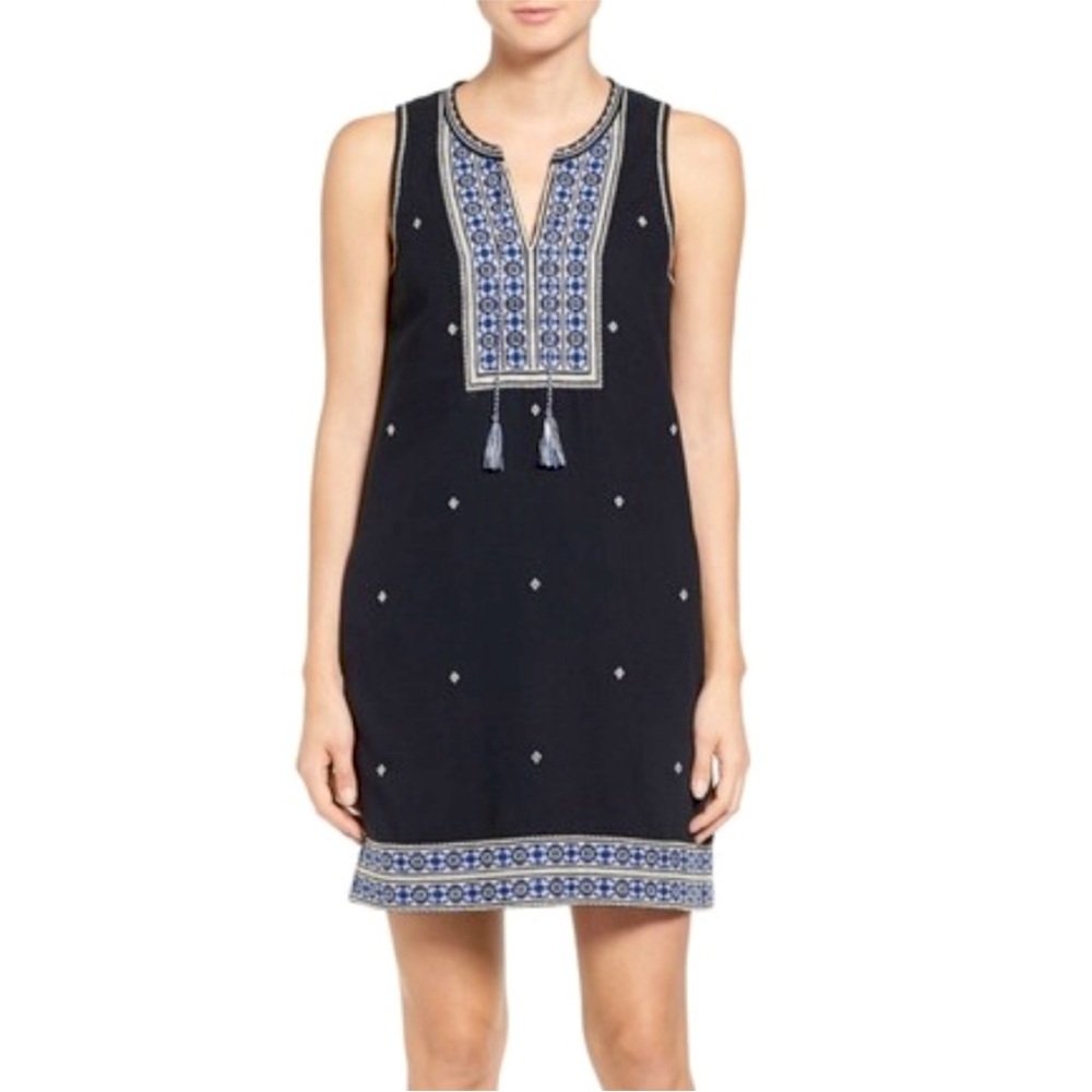 Madewell Black Blue White Embroidered Tassel Dress